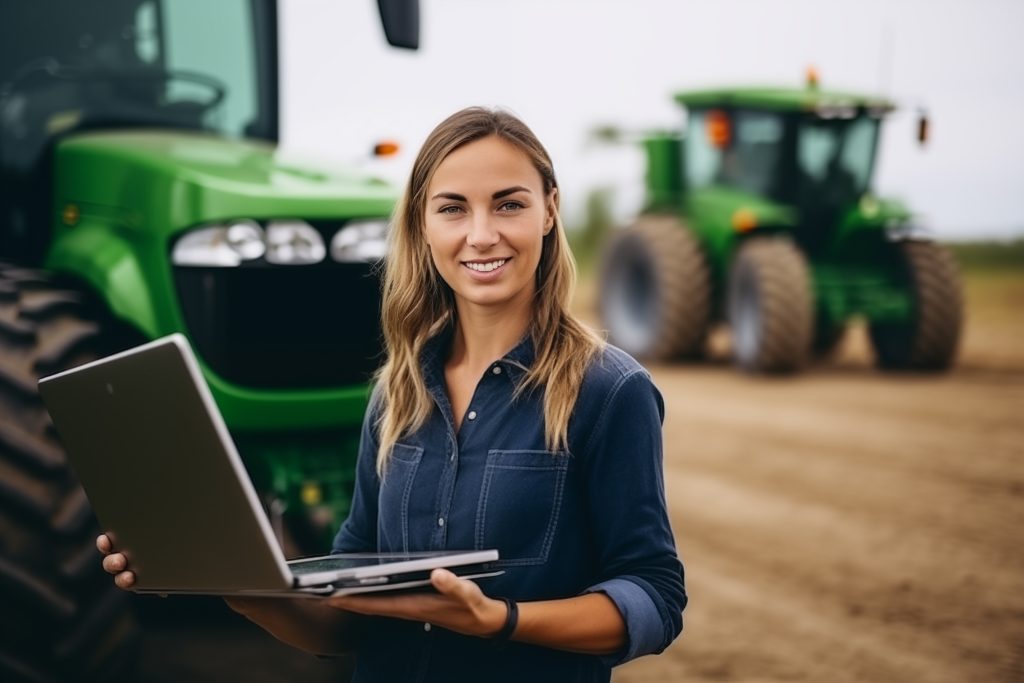 Female farmer with a digital tablet next to agricultural tractor